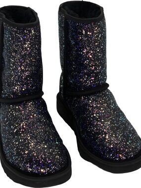 UGG Womens Classic Short Cosmos Boots Black Sparkle Glitter Sz 6M
